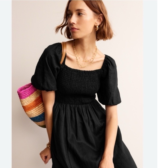 Boden Sky Smocked Short Sleeve Linen Midi Dress - Picture 6 of 16